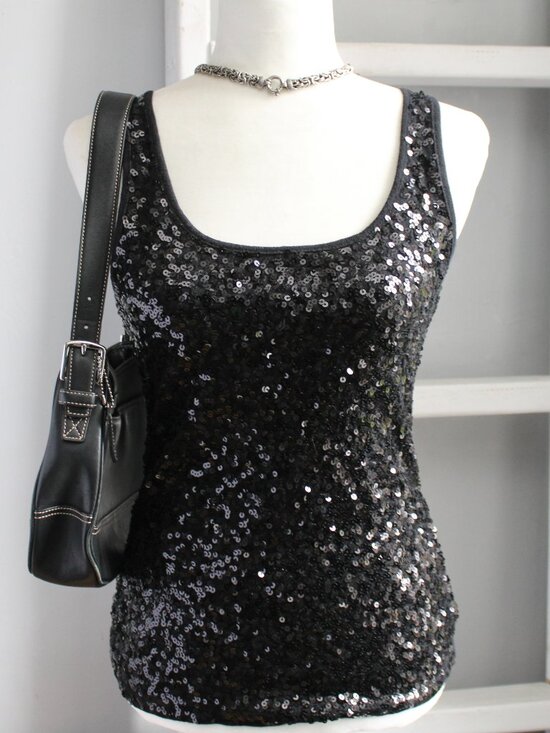 Old Navy Tops - Old Navy Vintage Y2K Black Sequin Sparkle Tank Top Women's Size Medium